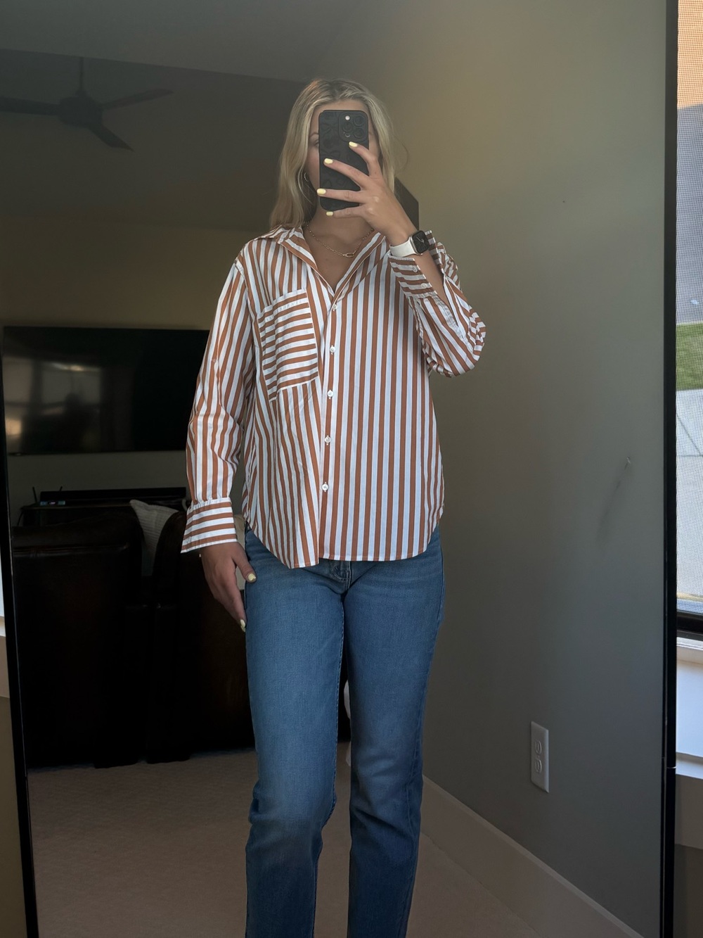 AYR White and Brown Striped Button-Up Shirt